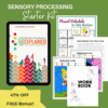 Digital Sensory Processing Starter Kit bundle shown, including the Sensory Processing Explained ebook on a tablet, a Visual Schedule for Daily Routines, My Sensory Self Workbook, and sensory color-by-code activities. Green background with text 'Sensory Processing Starter Kit' and yellow banner reading '47% OFF + FREE Bonus!!'