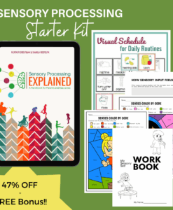 Digital Sensory Processing Starter Kit bundle shown, including the Sensory Processing Explained ebook on a tablet, a Visual Schedule for Daily Routines, My Sensory Self Workbook, and sensory color-by-code activities. Green background with text 'Sensory Processing Starter Kit' and yellow banner reading '47% OFF + FREE Bonus!!'