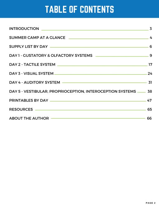 Table of contents graphic for My 8 Senses Summer Day Camp