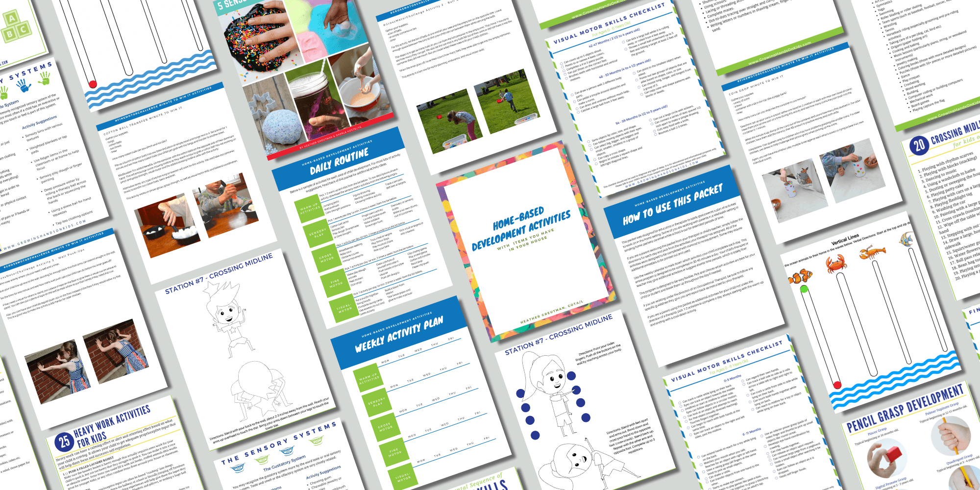 collage of printable pages included in the home-based development activities packet.
