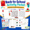 Promotional graphic for the Back-to-School Activity Packet featuring colorful worksheet previews with matching, mazes, tracing, cutting, and fine motor activities for ages 4–8. Includes the Growing Hands-On Kids logo and website.