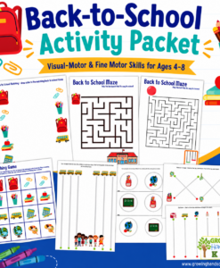 Promotional graphic for the Back-to-School Activity Packet featuring colorful worksheet previews with matching, mazes, tracing, cutting, and fine motor activities for ages 4–8. Includes the Growing Hands-On Kids logo and website.