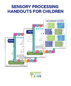 A set of five colorful handouts designed to teach children about sensory processing. The handouts feature simple illustrations and text explaining the 8 sensory systems: touch, hearing, sight, taste, smell, proprioception, vestibular, and interoception. Each handout has a unique design with fun, engaging visuals to make learning about sensory processing easy for kids. The logo of "Growing Hands-On Kids" appears at the bottom of the image.