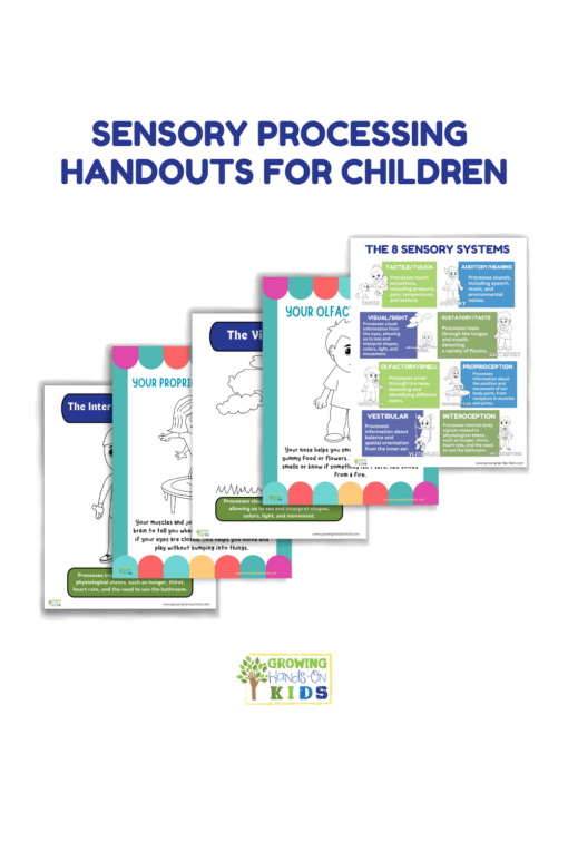 A set of five colorful handouts designed to teach children about sensory processing. The handouts feature simple illustrations and text explaining the 8 sensory systems: touch, hearing, sight, taste, smell, proprioception, vestibular, and interoception. Each handout has a unique design with fun, engaging visuals to make learning about sensory processing easy for kids. The logo of "Growing Hands-On Kids" appears at the bottom of the image.