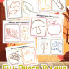 Printable set of Fall Finger Tracing Calming Cards featuring autumn-themed line drawings such as leaves, boots, pumpkins, apples, mushrooms, acorns, umbrellas, and a snail. Designed to help kids relax and build fine motor skills through finger tracing activities.