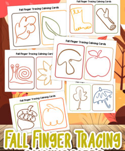 Printable set of Fall Finger Tracing Calming Cards featuring autumn-themed line drawings such as leaves, boots, pumpkins, apples, mushrooms, acorns, umbrellas, and a snail. Designed to help kids relax and build fine motor skills through finger tracing activities.