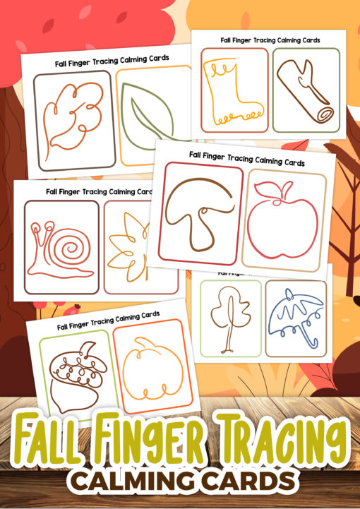 Printable set of Fall Finger Tracing Calming Cards featuring autumn-themed line drawings such as leaves, boots, pumpkins, apples, mushrooms, acorns, umbrellas, and a snail. Designed to help kids relax and build fine motor skills through finger tracing activities.